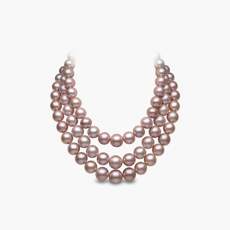 Classic 18K Gold Three Row Pink Freshwater Pearl Diamond Necklace