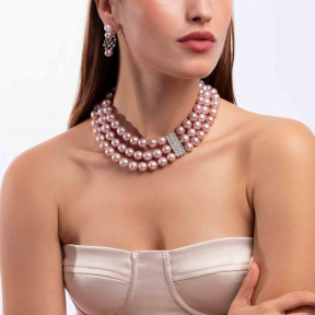 Classic 18K Gold Three Row Pink Freshwater Pearl Diamond Necklace