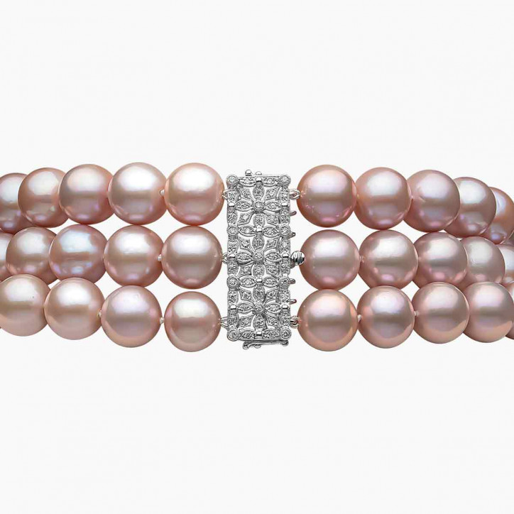 Classic 18K Gold Three Row Pink Freshwater Pearl Diamond Necklace