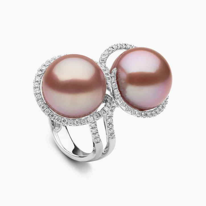 Glitz 18K Gold Double Pink Freshwater Pearl and Diamond Ring