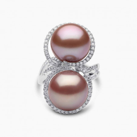 Glitz 18K Gold Double Pink Freshwater Pearl and Diamond Ring