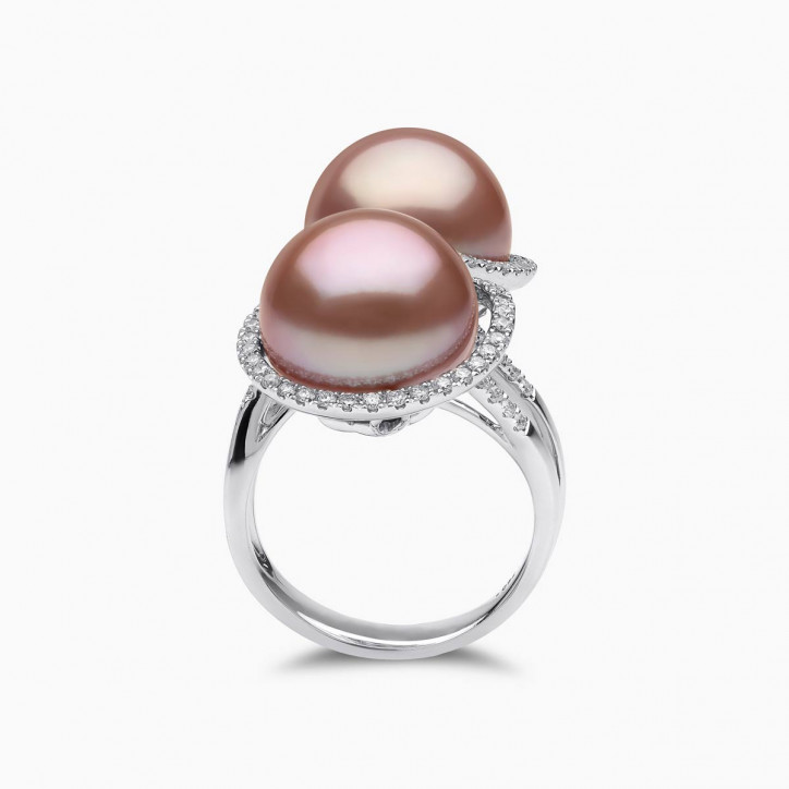 Glitz 18K Gold Double Pink Freshwater Pearl and Diamond Ring