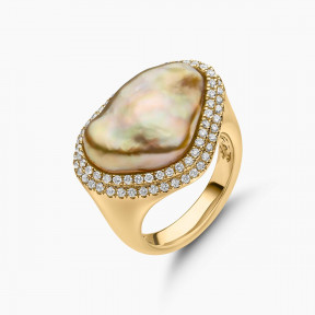 Baroque 18K Gold Keshi Pearl and Diamond Halo Ring