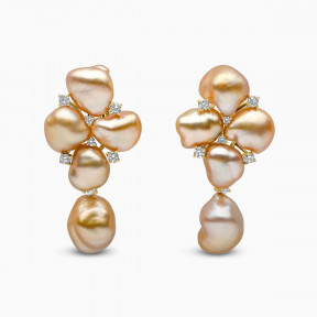 Baroque 18K Gold Indonesian South Sea Pearl and Diamond Earrings