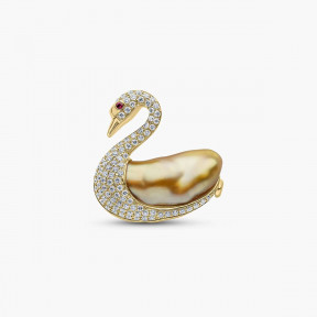 Baroque 18K Gold South Sea Pearl and Diamond Swan Brooch