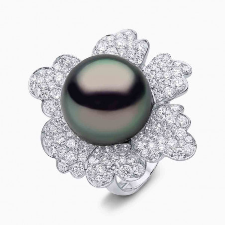 Duchess 18K Gold Tahitian Pearl and Pavé Diamond Floral Ring