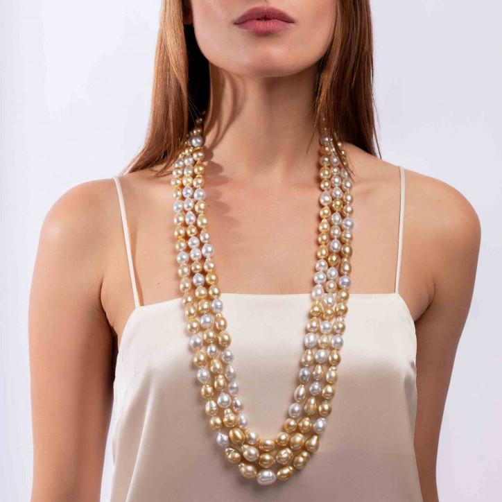 Baroque 18K Gold South Sea Mix Pearl Triple Row Layered Necklace