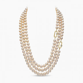 Classic 18K Gold Akoya Pearl Triple Row and Diamond Chain Necklace