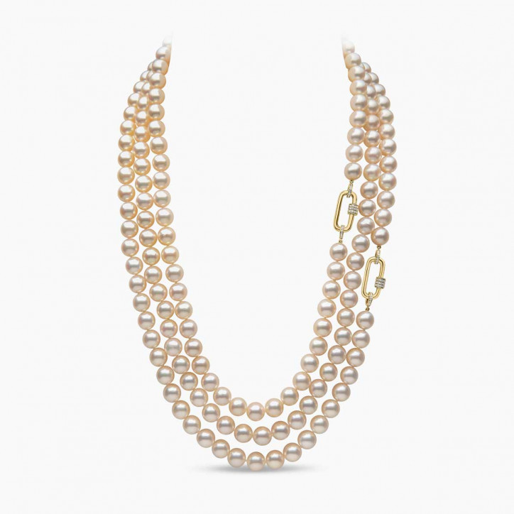 Classic 18K Gold Akoya Pearl Triple Row and Diamond Chain Necklace