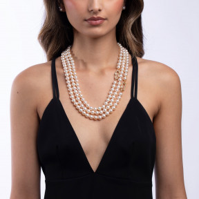 Classic 18K Gold Akoya Pearl Triple Row and Diamond Chain Necklace