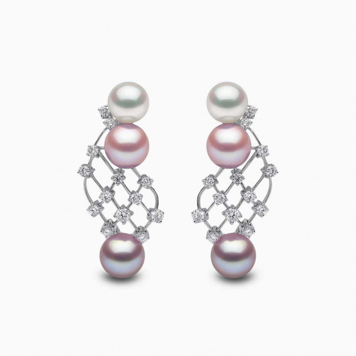 Ombré 18K Gold Pink and White Pearl Diamond Mesh Earrings