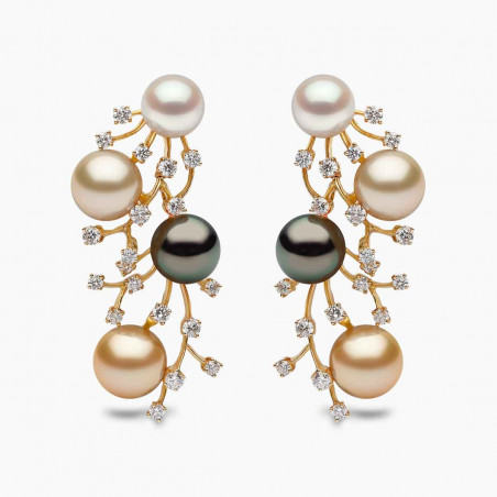 Ombré 18K Gold Mix Pearl and Diamond Cluster Earrings