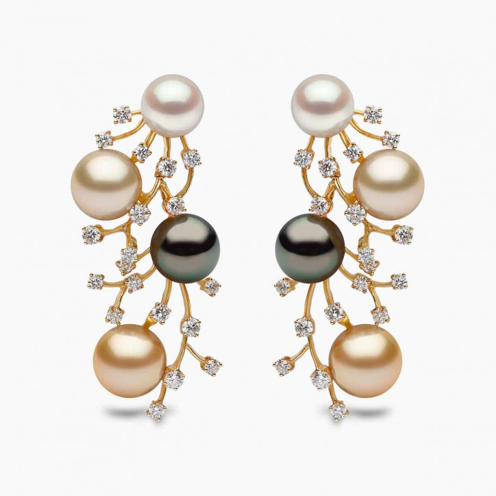 Ombré 18K Gold Mix Pearl and Diamond Cluster Earrings