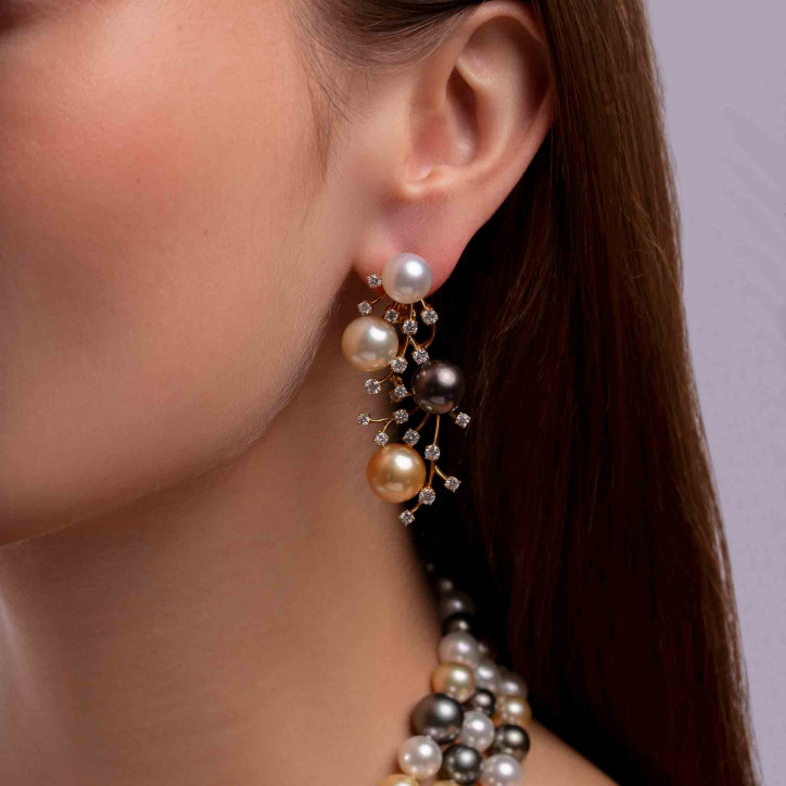 Ombré 18K Gold Mix Pearl and Diamond Cluster Earrings