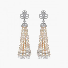 Tassel 18K Gold Freshwater Pearl and Diamond Club Earrings