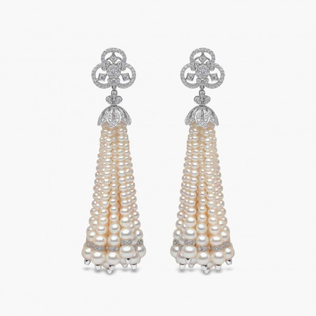 Tassel 18K Gold Freshwater Pearl and Diamond Club Earrings