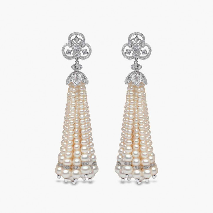 Tassel 18K Gold Freshwater Pearl and Diamond Club Earrings