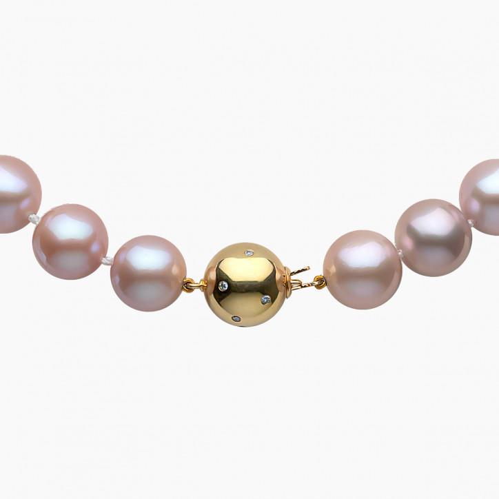 Classic 18K Gold Pink Freshwater Pearl and Diamond Clasp Strand Necklace