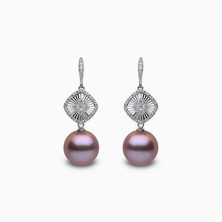 Glitz 18K Gold Pink Freshwater Pearl and Diamond Mini Halo Drop Earrings