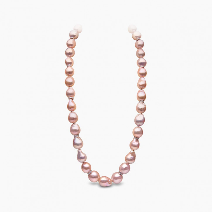 Baroque 18K Gold Pink Freshwater Pearl and Diamond Strand Necklace