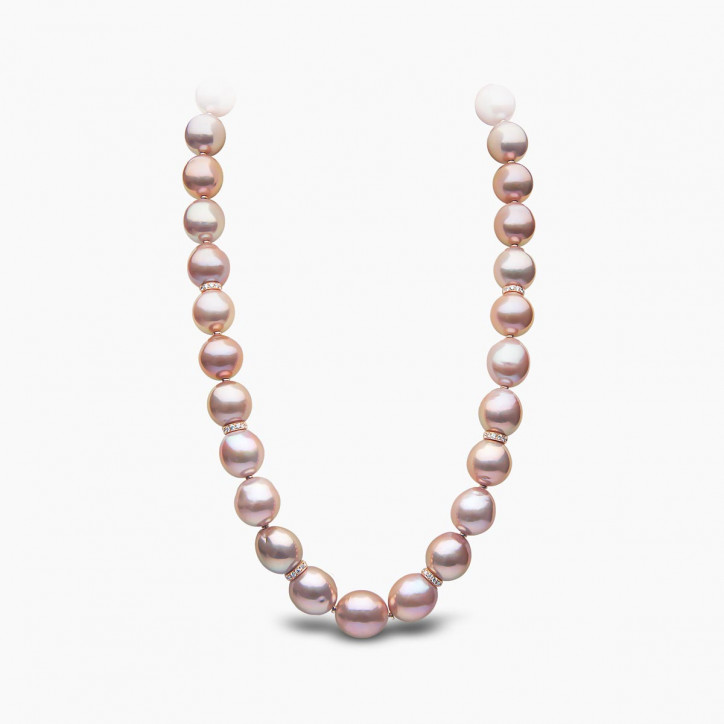 Baroque 18K Gold Pink Freshwater Pearl and Diamond Strand Necklace