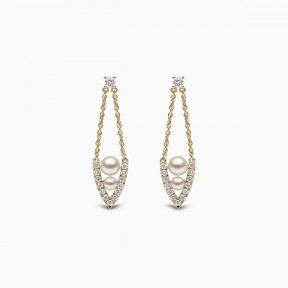 Sleek 18K Gold Pearl and Diamond Drop V Shaped Earrings