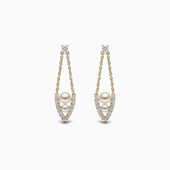 Sleek 18K Gold Pearl and Diamond Drop V Shaped Earrings