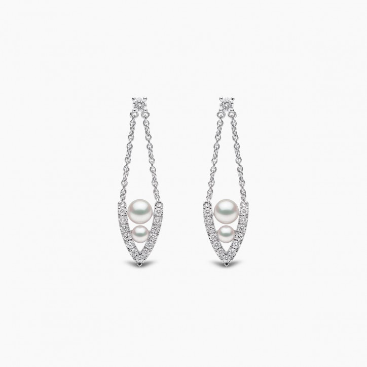 Sleek 18K Gold Pearl and Diamond Drop V Shaped Earrings