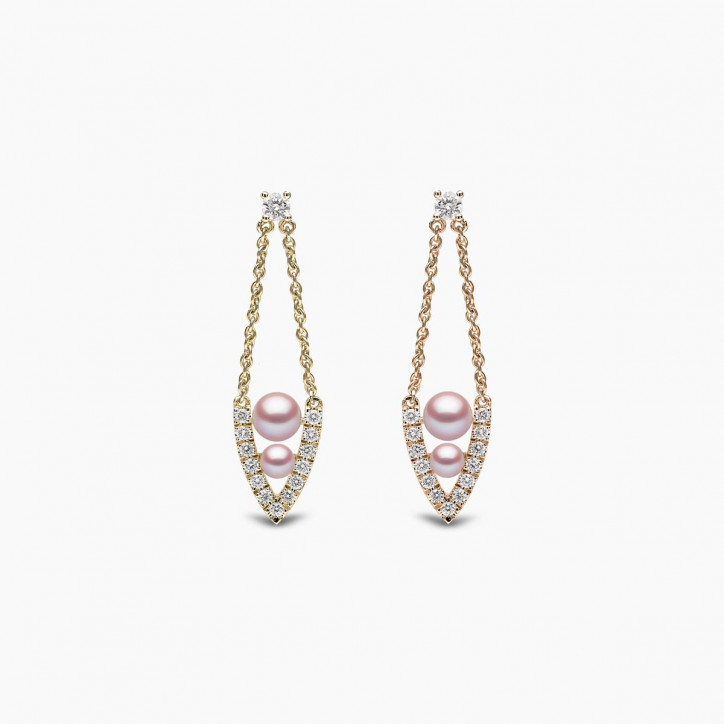 Sleek 18K Gold Pearl and Diamond Drop V Shaped Earrings