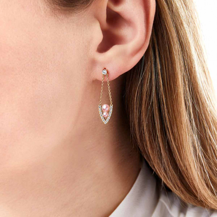 Sleek 18K Gold Pearl and Diamond Drop V Shaped Earrings