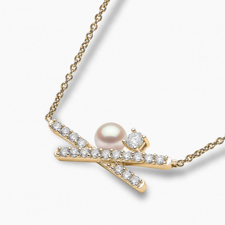 Sleek 18K Gold Pearl and Mini Diamond Cross Necklace