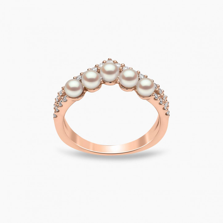 Sleek 18K Gold Pearl and Diamond Curve V Ring