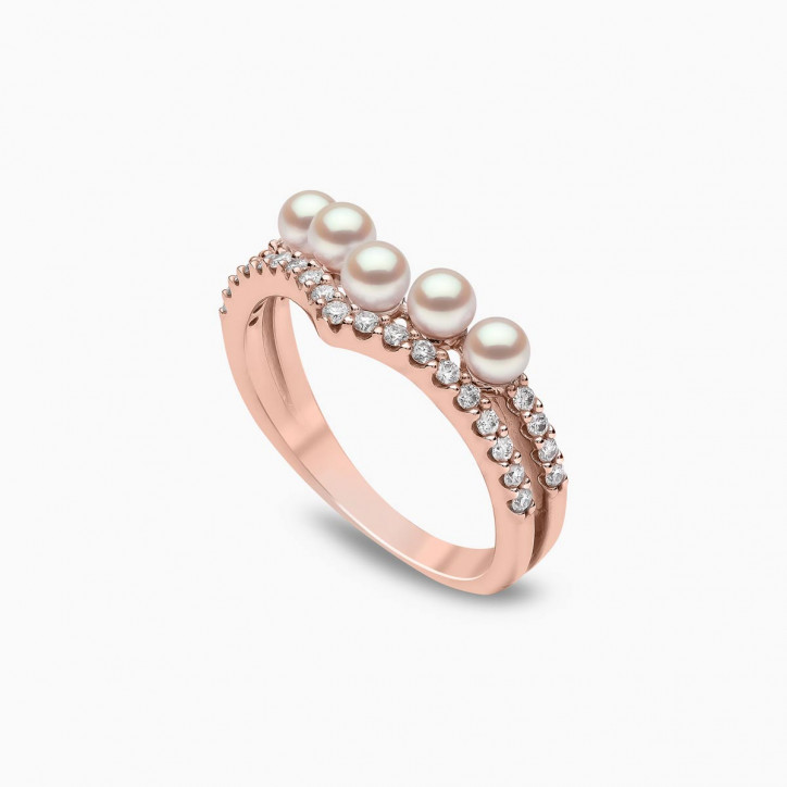 Sleek 18K Gold Pearl and Diamond Curve V Ring