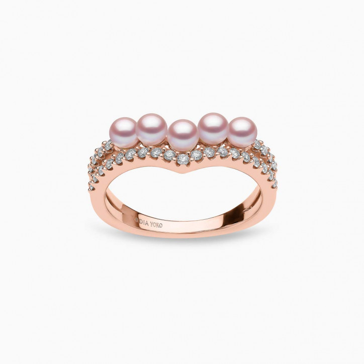 Sleek 18K Gold Pearl and Diamond Curve V Ring