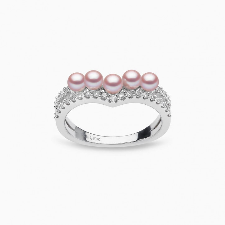 Sleek 18K Gold Pearl and Diamond Curve V Ring