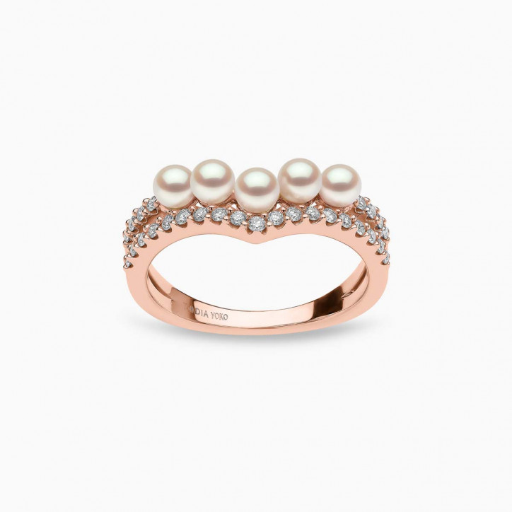 Sleek 18K Gold Pearl and Diamond Curve V Ring