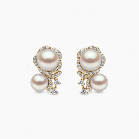 Petal 18K Gold Double Akoya Pearl and Diamond Flower Earrings