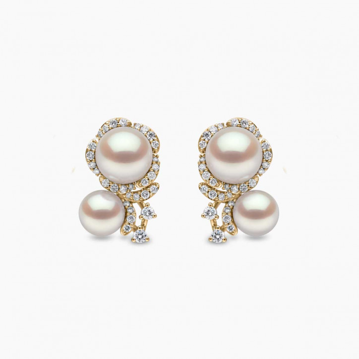 Petal 18K Gold Double Akoya Pearl and Diamond Flower Earrings