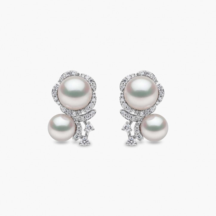 Petal 18K Gold Double Akoya Pearl and Diamond Flower Earrings