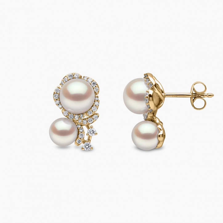 Petal 18K Gold Double Akoya Pearl and Diamond Flower Earrings