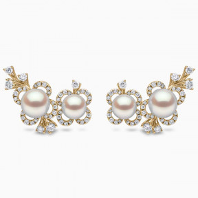 Petal 18K Gold Double Akoya Pearl and Diamond Floral Motif Earrings