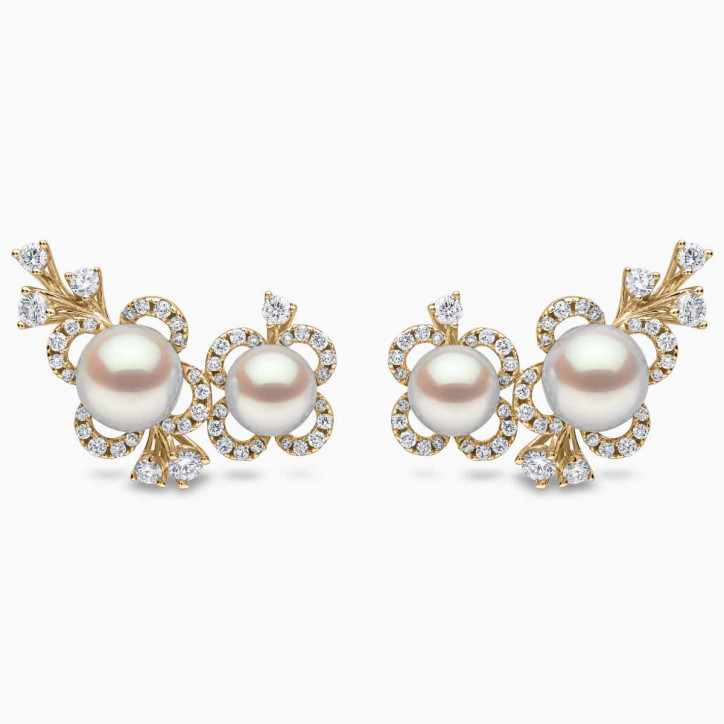 Petal 18K Gold Double Akoya Pearl and Diamond Floral Motif Earrings