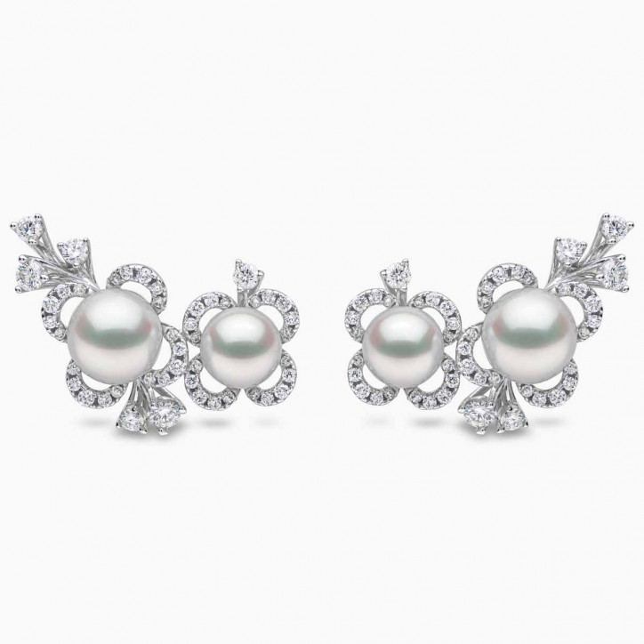 Petal 18K Gold Double Akoya Pearl and Diamond Floral Motif Earrings