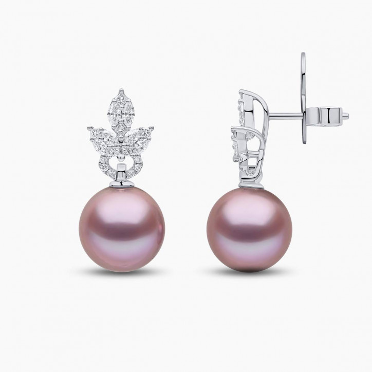 Glitz 18K Gold Pink Freshwater Pearl and Diamond Earrings