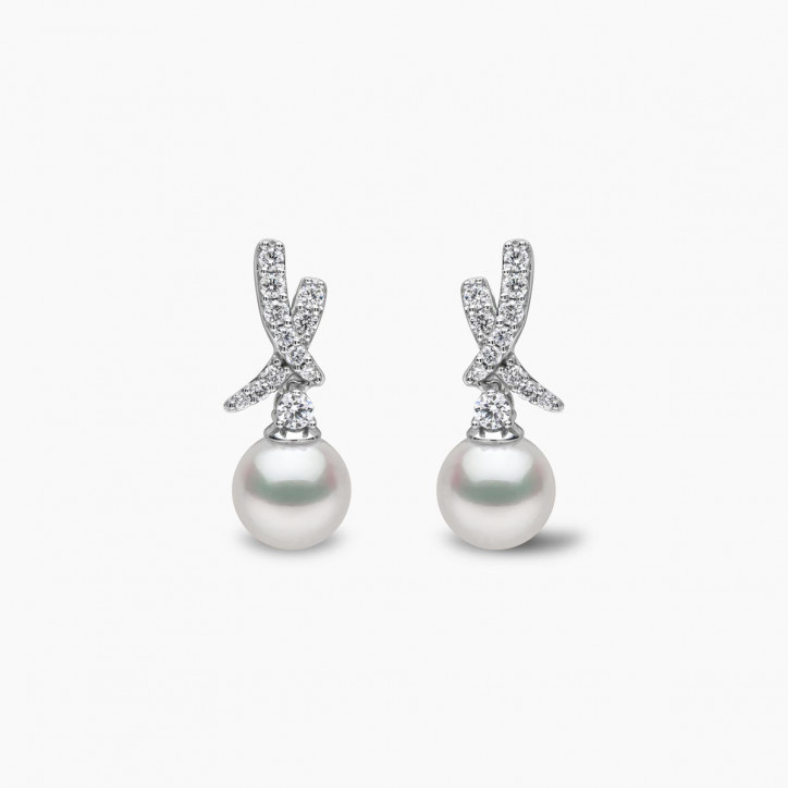 Sleek 18K Gold Akoya Pearl and Diamond Mini Cross Earrings