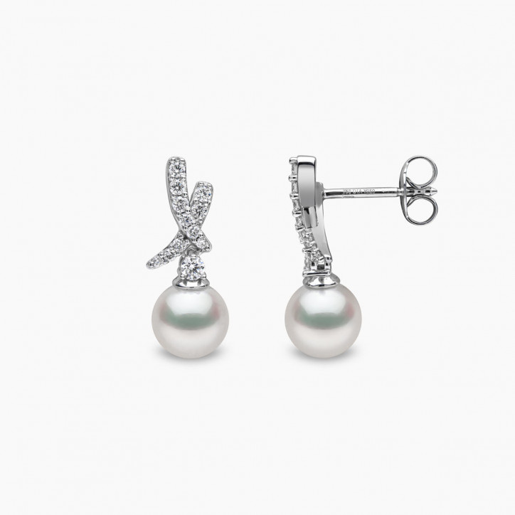 Sleek 18K Gold Akoya Pearl and Diamond Mini Cross Earrings