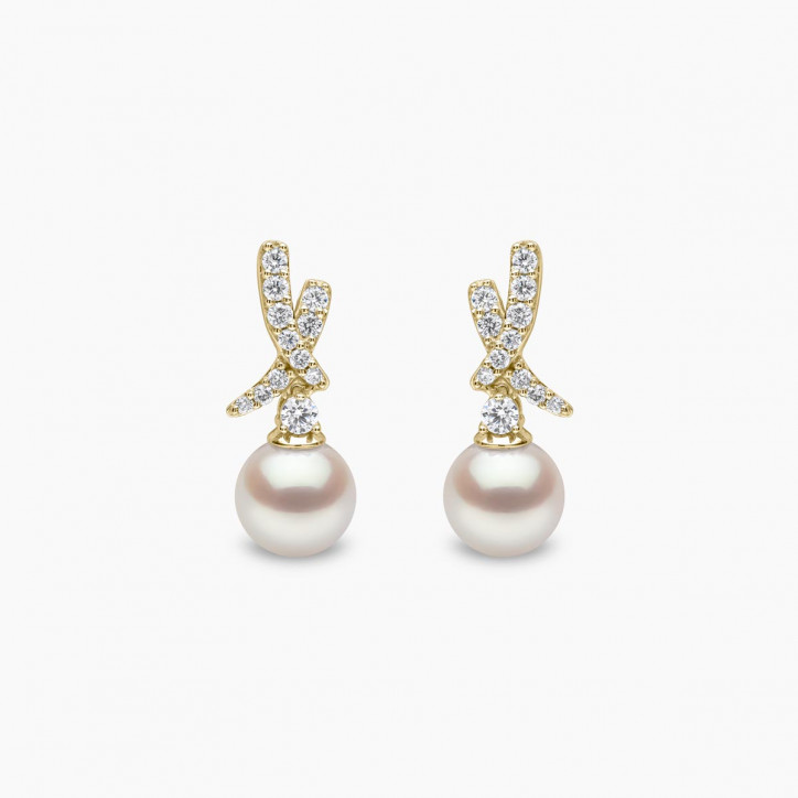 Sleek 18K Gold Akoya Pearl and Diamond Mini Cross Earrings