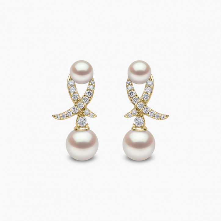 Sleek 18K Gold Akoya Pearl and Diamond Motif Earrings