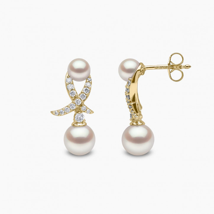 Sleek 18K Gold Akoya Pearl and Diamond Motif Earrings