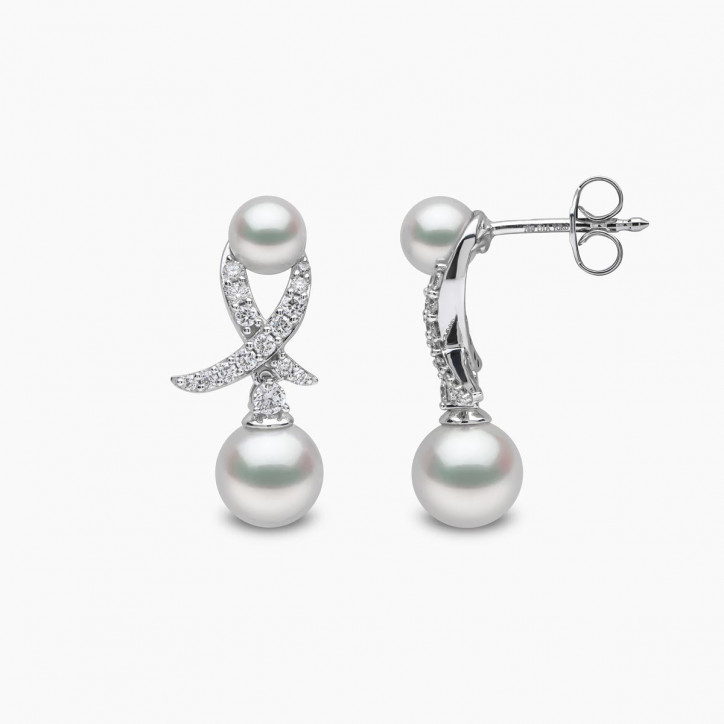 Sleek 18K Gold Akoya Pearl and Diamond Motif Earrings